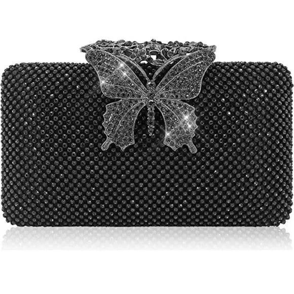 NEW Sparkling Bling Crystal Rhinestone Clutch Butterfly Purse: Silver Go… - Picture 9 of 13